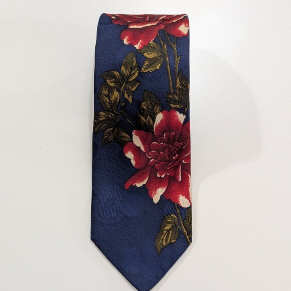 Vintage Hugo Boss Navy Blue with Red Rose Floral Silk Tie - Made in Italy - Picture 3 of 9